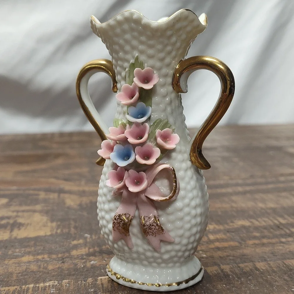 Vintage Miniature Hobnail Vase White Porcelain w/ Handles Pastel Pink blue gold